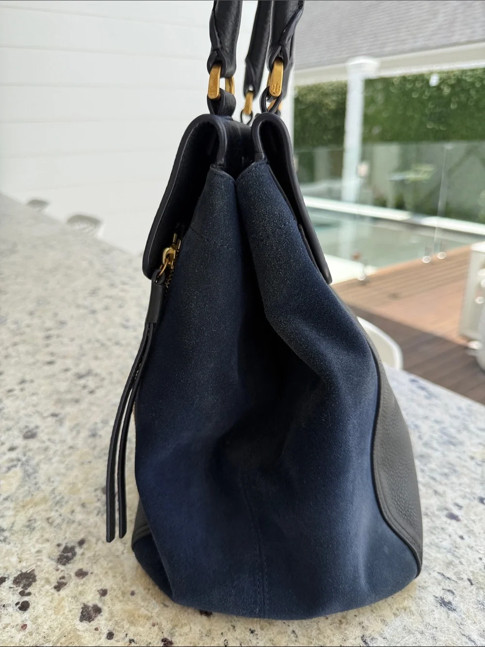 Tory Burch Black Leather with Navy Suede Top-Handle Satchel